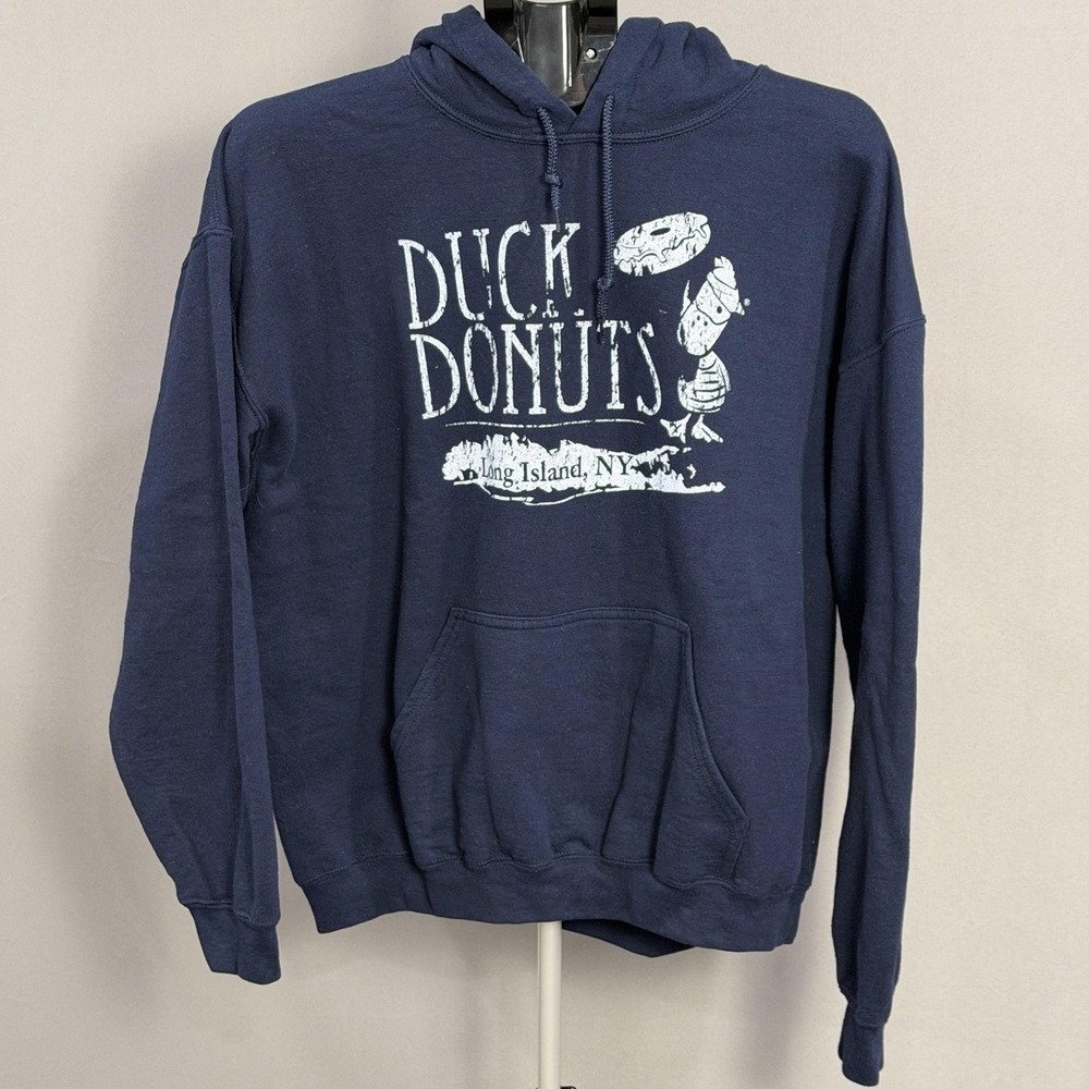 Duck Donuts Hoodie Mens Large Blue Long Island NY Graphic Pullover Top
